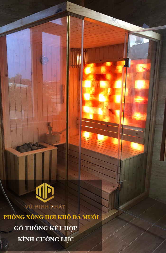 Thi công Phòng xông hơi khô đá muối gỗ kết hợp kính cường lực